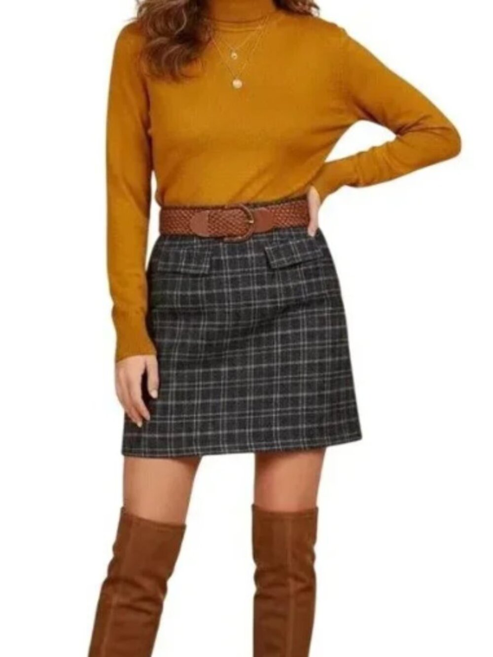 Modcloth Women's Navy Blue Silver Lining Plaid Faux Pocket Mini Skirt Size Large